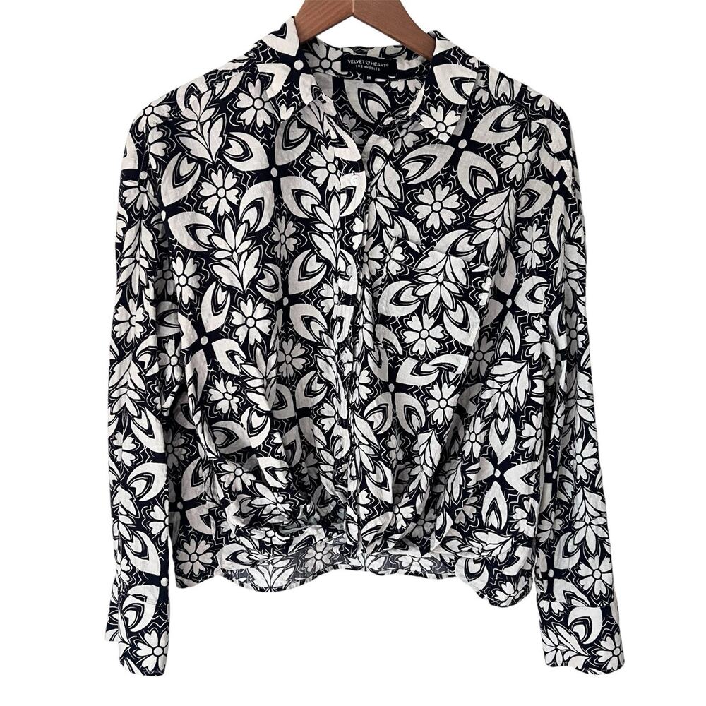 Velvet Heart Women’s Blouse Black Floral Print Button Front Twist Top Medium
